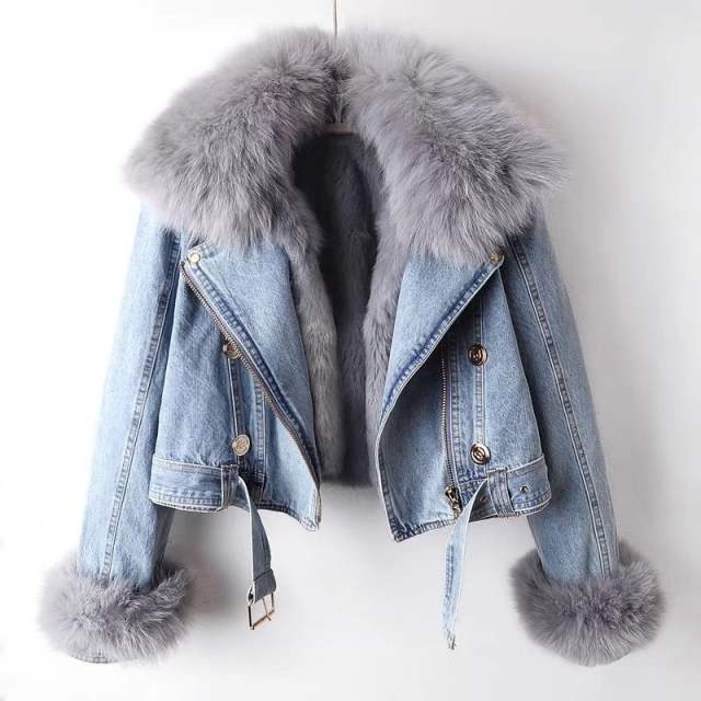 Autumn winter New detachable faux fox fur rabbit fur liner Denim coat