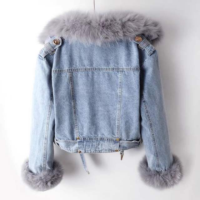 Autumn winter New detachable faux fox fur rabbit fur liner Denim coat