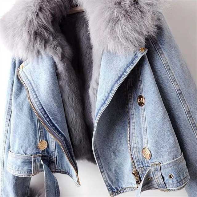 Autumn winter New detachable faux fox fur rabbit fur liner Denim coat