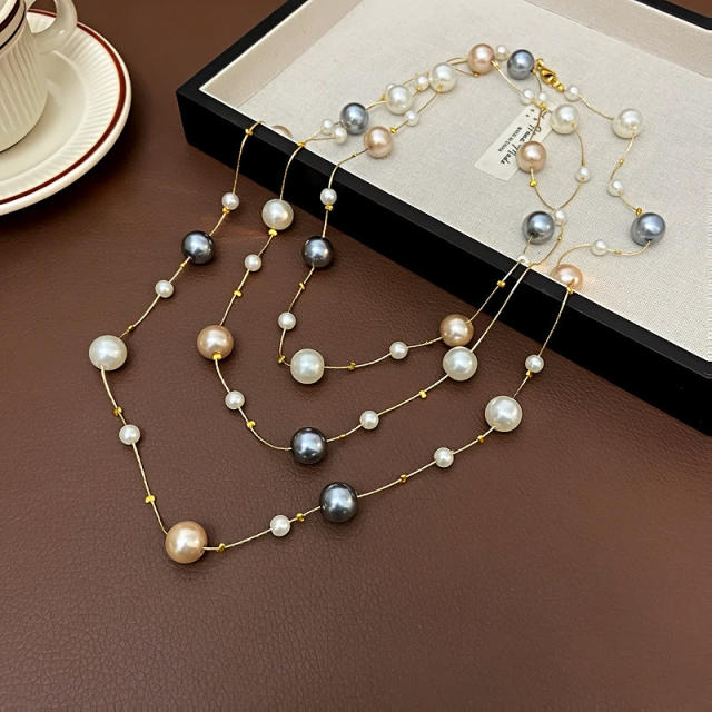 Vintage multi layer pearl bead long necklace