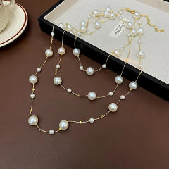 Vintage multi layer pearl bead long necklace