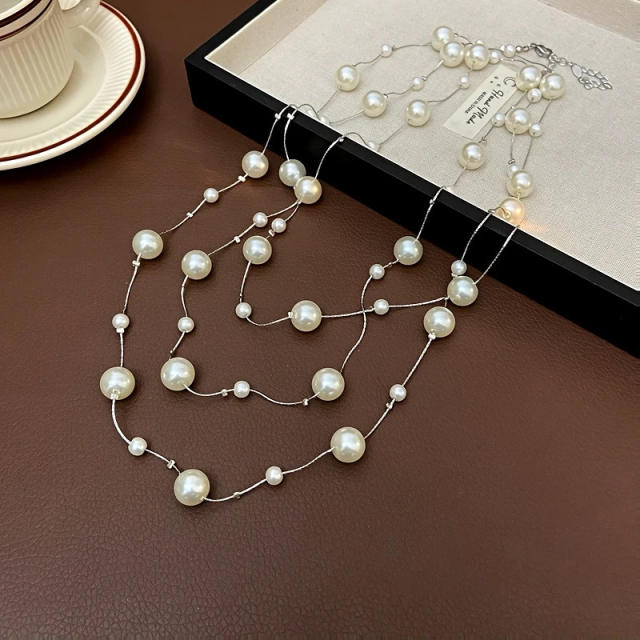 Vintage multi layer pearl bead long necklace
