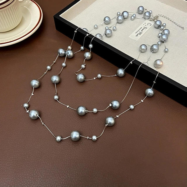 Vintage multi layer pearl bead long necklace