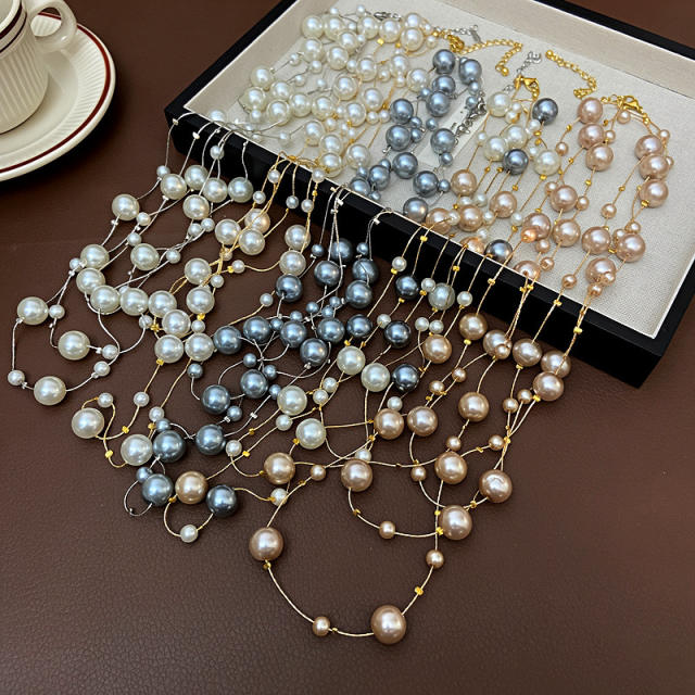 Vintage multi layer pearl bead long necklace