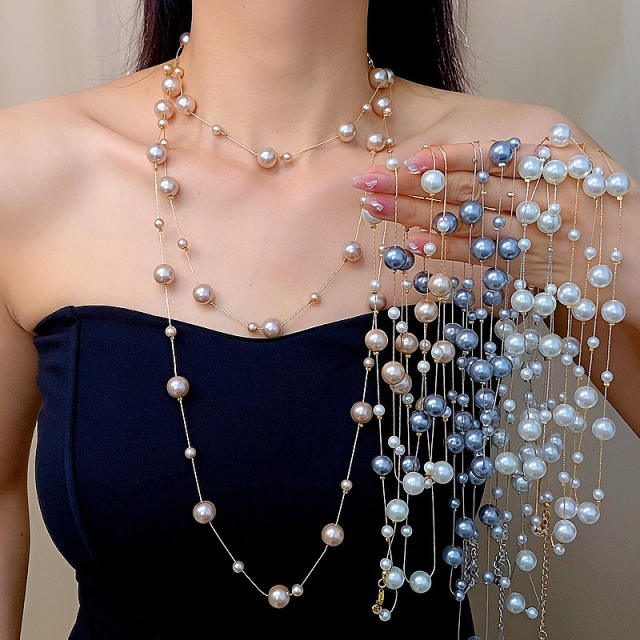 Vintage multi layer pearl bead long necklace