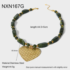 Large size heart pendant green color acrylic bead stainless steel necklace
