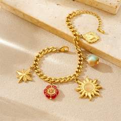 Vintage sun star flower multi charm stainless steel necklace bracelet suit