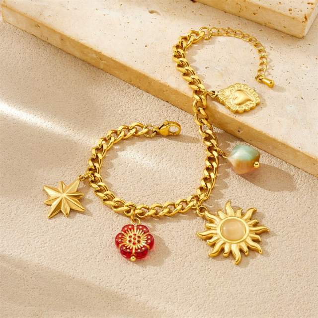 Vintage sun star flower multi charm stainless steel necklace bracelet suit