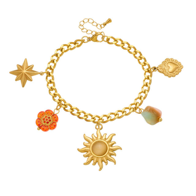 Vintage sun star flower multi charm stainless steel necklace bracelet suit