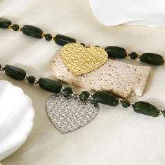 Large size heart pendant green color acrylic bead stainless steel necklace