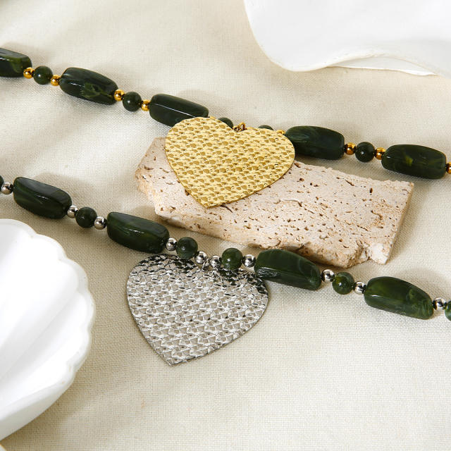 Large size heart pendant green color acrylic bead stainless steel necklace