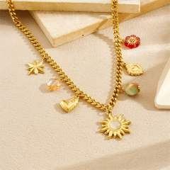 Vintage sun star flower multi charm stainless steel necklace bracelet suit