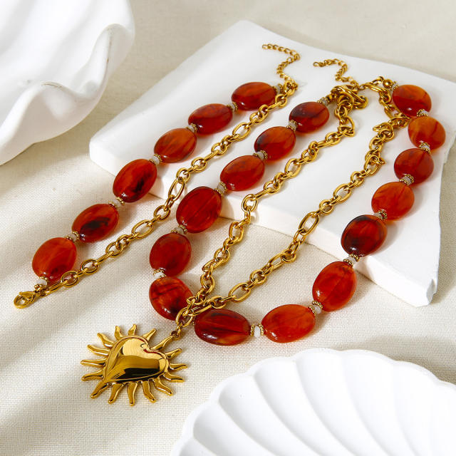 18KG sunflower pendant red acrylic bead stainless steel layer necklace bracelet suit