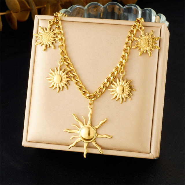 Unique sun charm gold plated stainless steel necklace