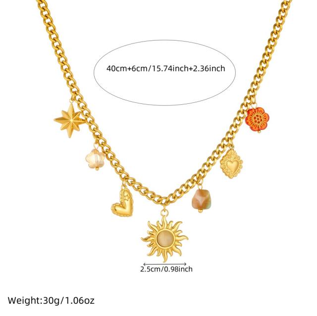 Vintage sun star flower multi charm stainless steel necklace bracelet suit