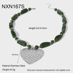 Large size heart pendant green color acrylic bead stainless steel necklace