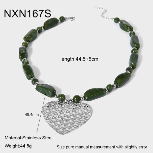 Large size heart pendant green color acrylic bead stainless steel necklace