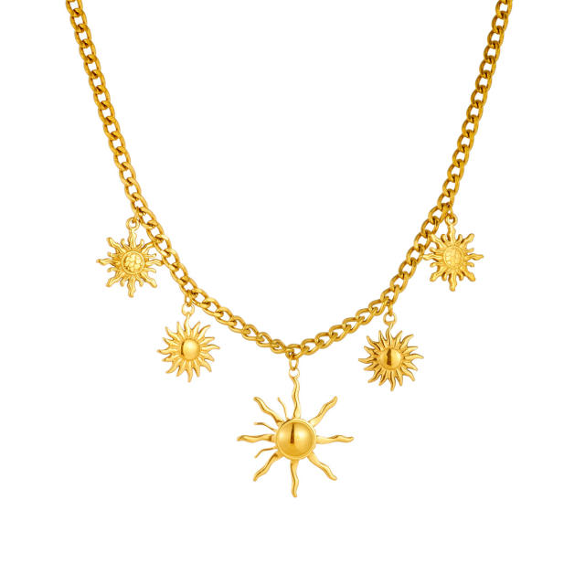 Unique sun charm gold plated stainless steel necklace