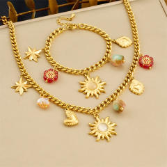 Vintage sun star flower multi charm stainless steel necklace bracelet suit
