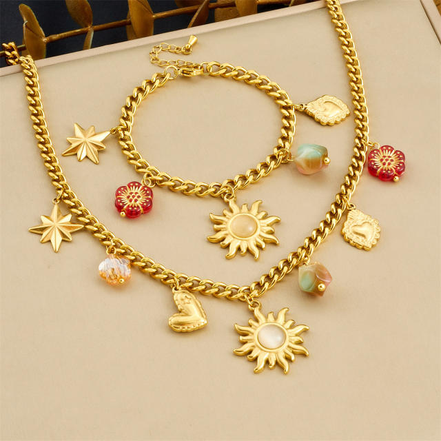 Vintage sun star flower multi charm stainless steel necklace bracelet suit