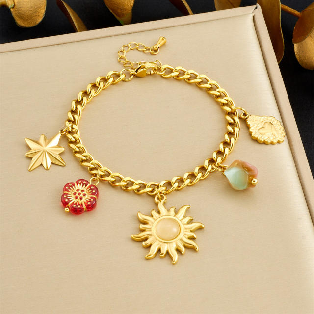 Vintage sun star flower multi charm stainless steel necklace bracelet suit