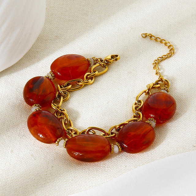 18KG sunflower pendant red acrylic bead stainless steel layer necklace bracelet suit