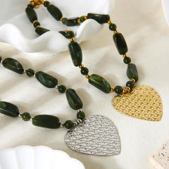 Large size heart pendant green color acrylic bead stainless steel necklace