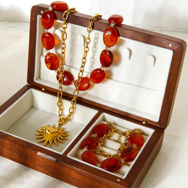 18KG sunflower pendant red acrylic bead stainless steel layer necklace bracelet suit