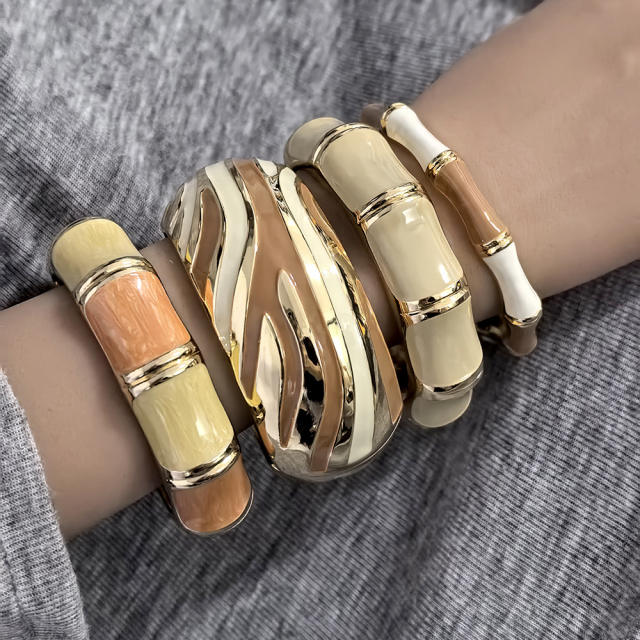 Chunky gold color brown enamel alloy bangle bracelet suit