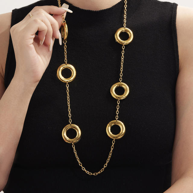 18KG easy match geometric circle stainless steel long necklace sweater chain