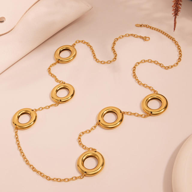 18KG easy match geometric circle stainless steel long necklace sweater chain