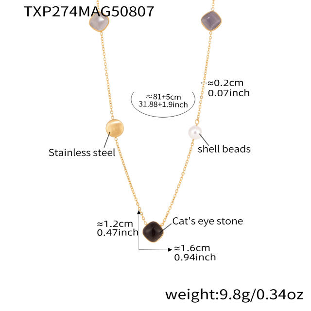 Candy color opal stone stainless steel long necklace sweater chain