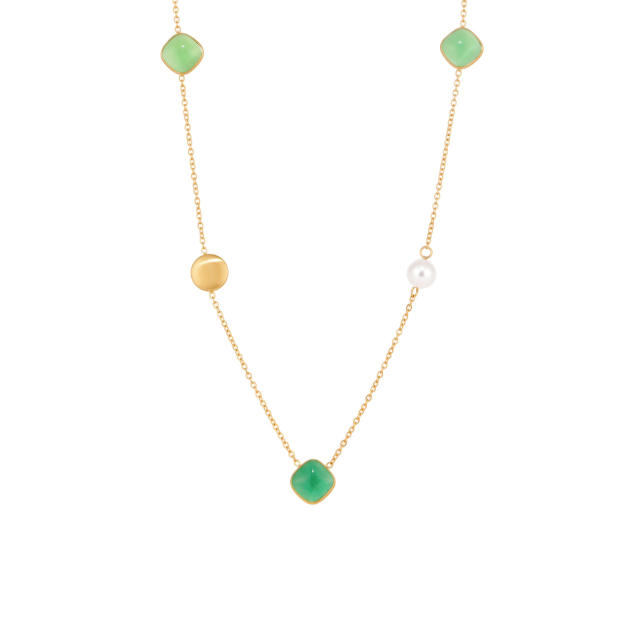 Candy color opal stone stainless steel long necklace sweater chain