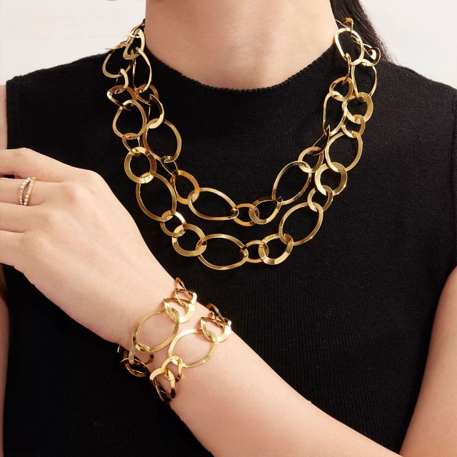 18KG geometric circle stainless steel long necklace earrings suit