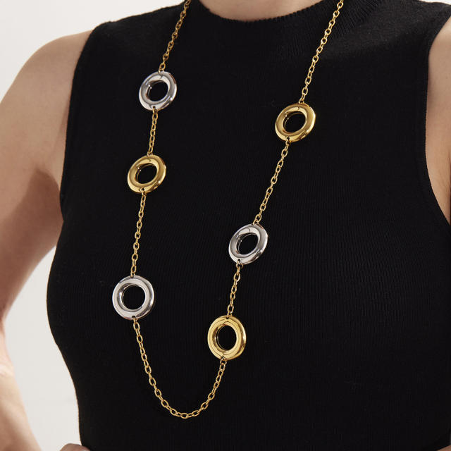 18KG easy match geometric circle stainless steel long necklace sweater chain