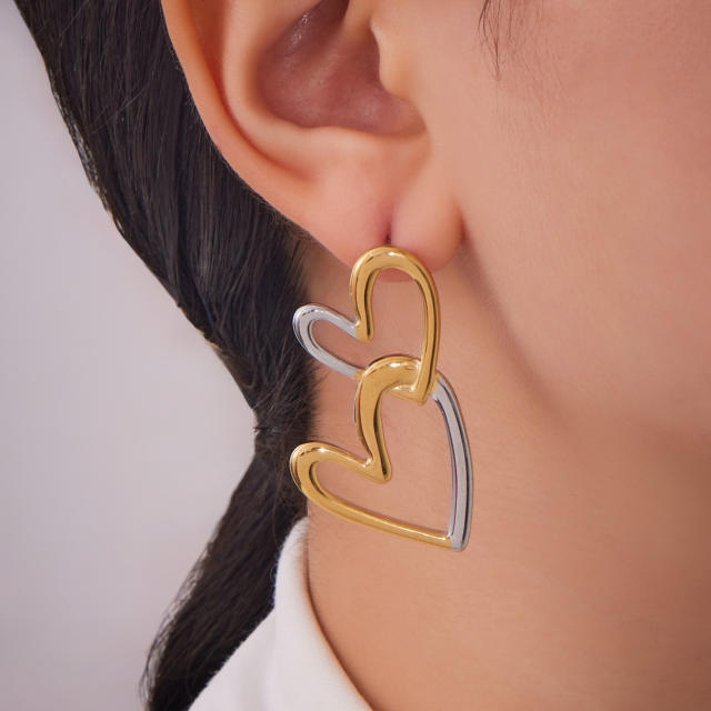 18KG geometric heart stainless steel earrings