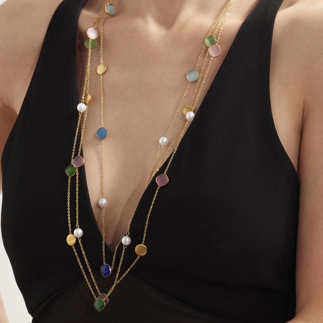 Candy color opal stone stainless steel long necklace sweater chain