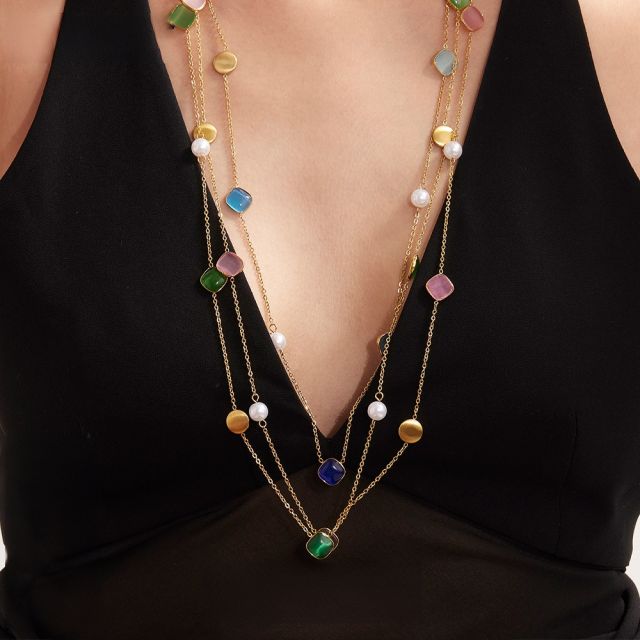 Candy color opal stone stainless steel long necklace sweater chain