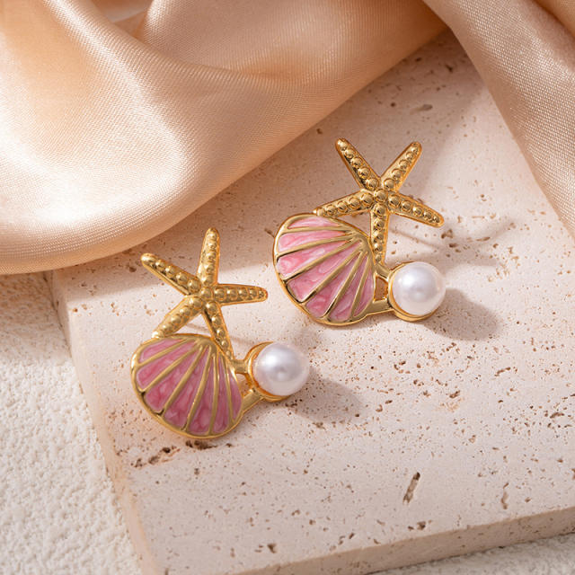 Color enamel starfish pearl bead stainless steel earrings