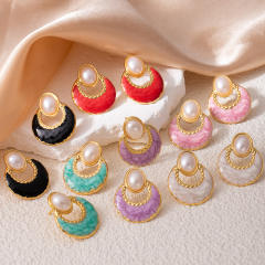 French trend vintage hollow out enamel stainless steel earrings