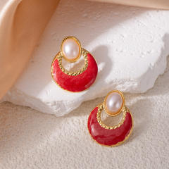 French trend vintage hollow out enamel stainless steel earrings