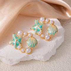 Color enamel starfish pearl bead stainless steel earrings