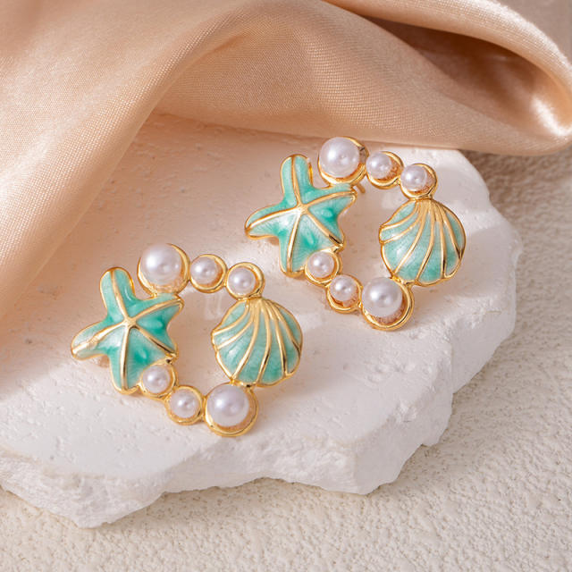Color enamel starfish pearl bead stainless steel earrings