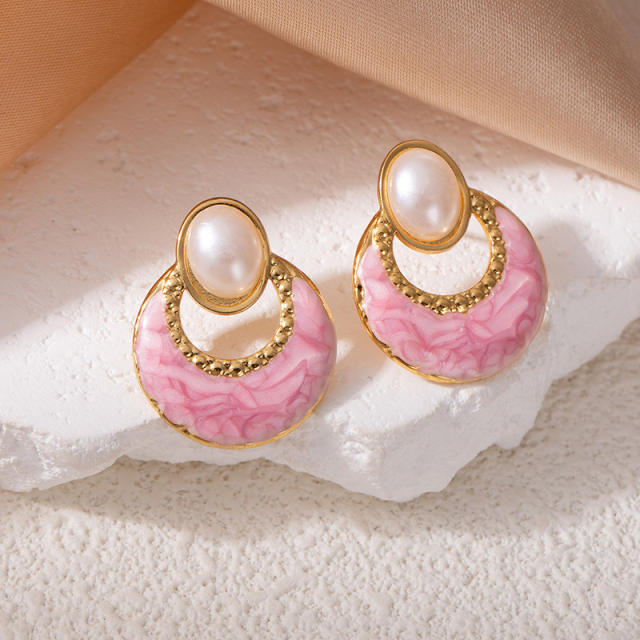 French trend vintage hollow out enamel stainless steel earrings