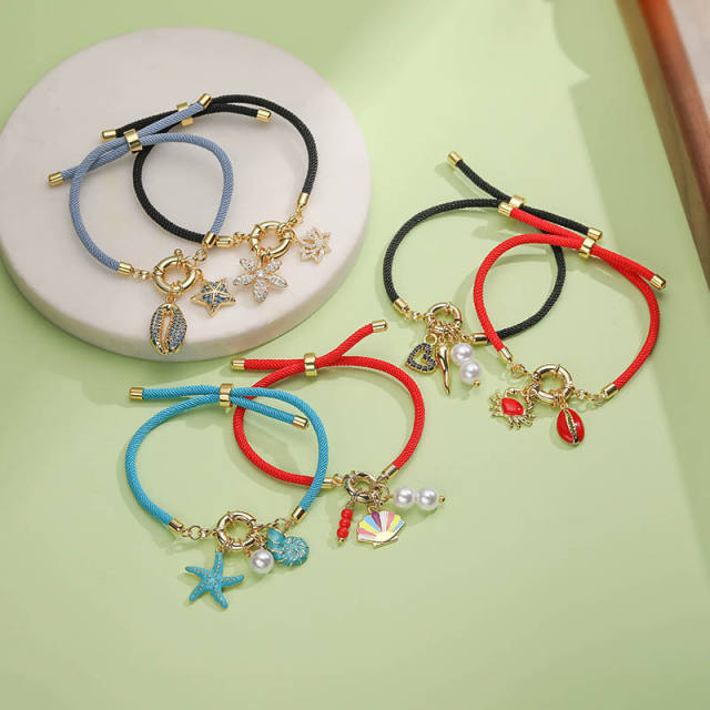 Colorful braid rope gold plated copper multi charm bracelet friendship bracelet
