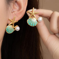 Color enamel starfish pearl bead stainless steel earrings