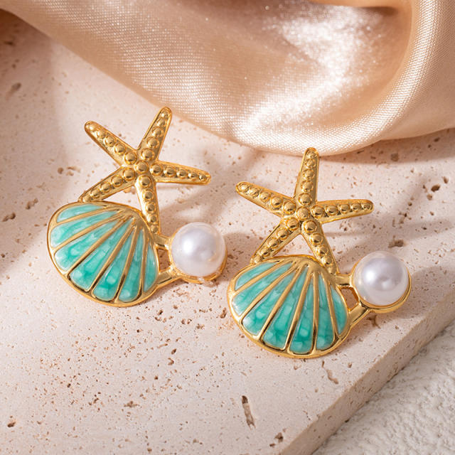 Color enamel starfish pearl bead stainless steel earrings
