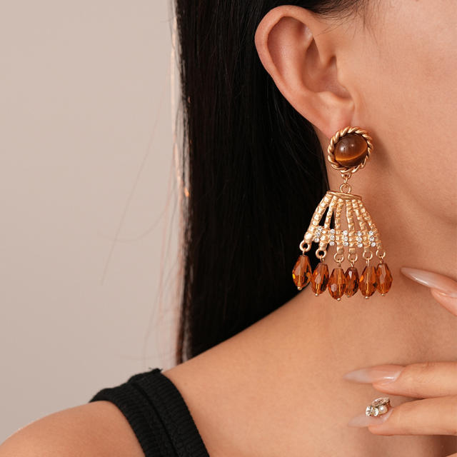 Maillard Style Diamond-encrusted Tiger Eye Crystal Tassel Silver Pin Earrings