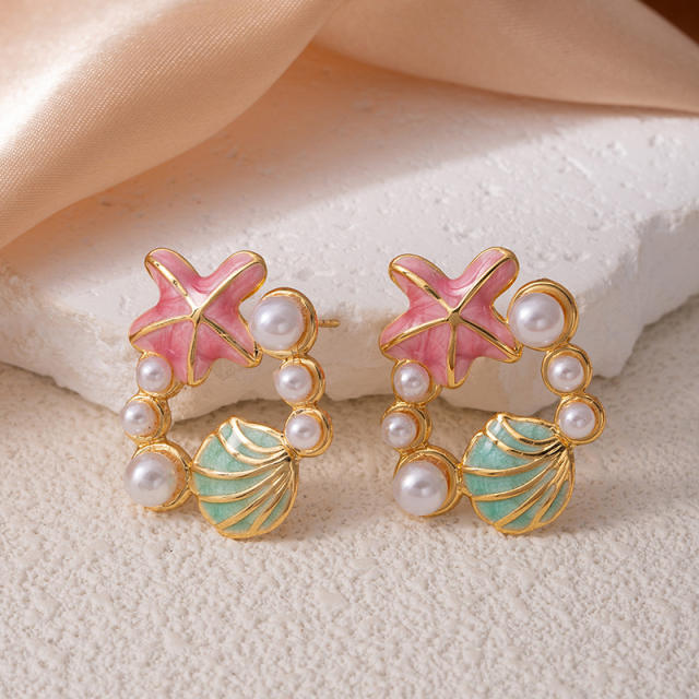 Color enamel starfish pearl bead stainless steel earrings
