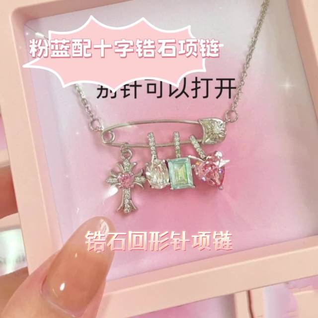 New Pink Blue Cross Zircon paper clip Necklace Female Candy Color Love Pendant Necklace